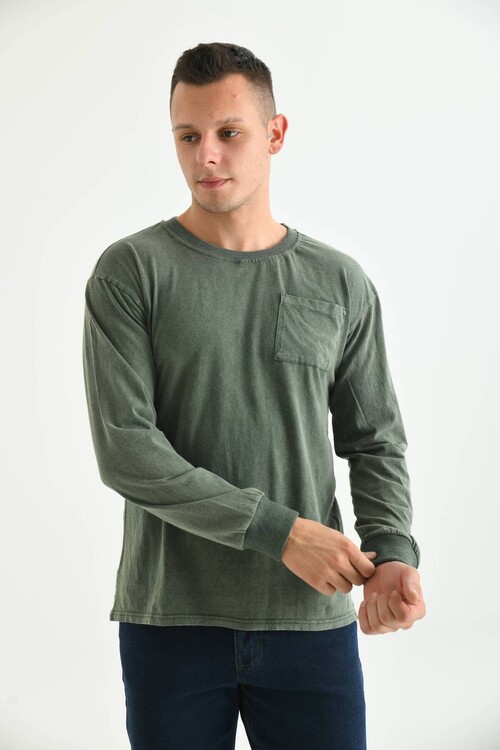 Men Khaki Acid Wash Pocket Detail Long Sleeve T-Shirt