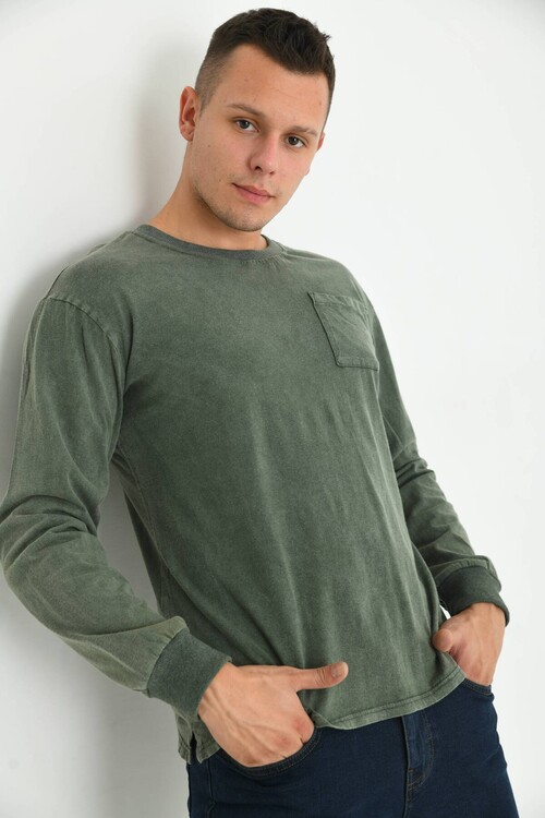 Men Khaki Acid Wash Pocket Detail Long Sleeve T-Shirt
