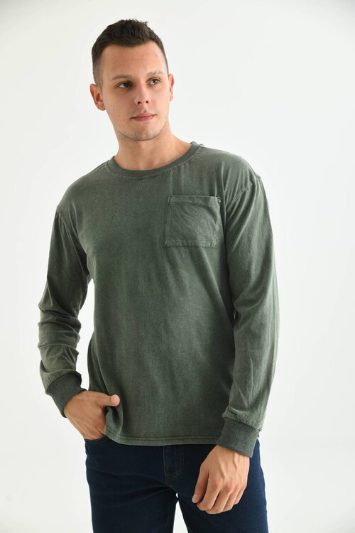 Men Khaki Acid Wash Pocket Detail Long Sleeve T-Shirt