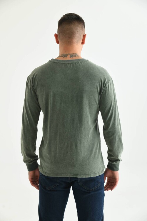 Men Khaki Acid Wash Pocket Detail Long Sleeve T-Shirt