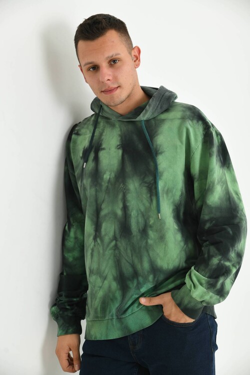 Men Khaki Tie-Dye Pattern Back Printed Hoodie Sweatshirt