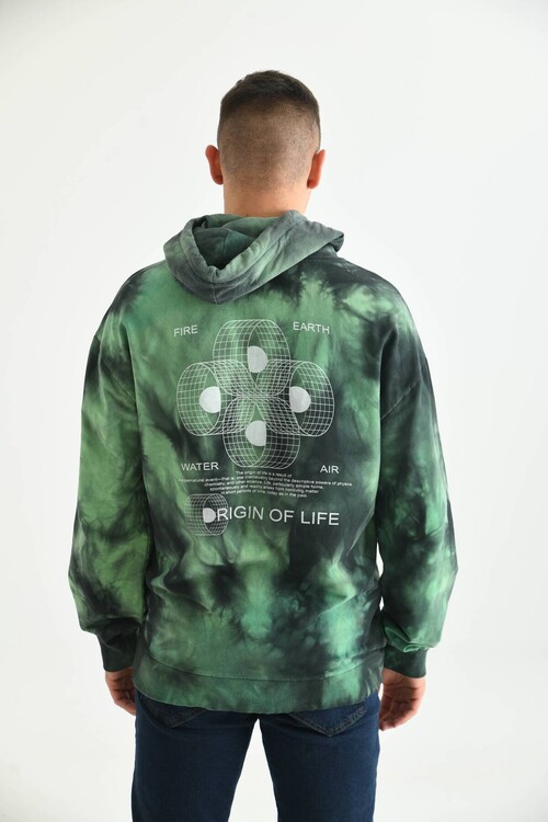 Men Khaki Tie-Dye Pattern Back Printed Hoodie Sweatshirt