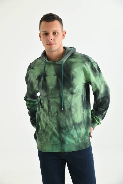 Men Khaki Tie-Dye Pattern Back Printed Hoodie Sweatshirt