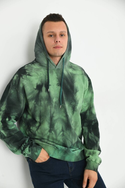 Men Khaki Tie-Dye Pattern Back Printed Hoodie Sweatshirt