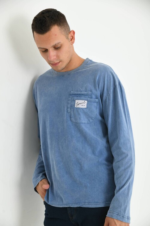 Men Indigo Special Print Acid Washed Pocket Detail Long Sleeve T-Shirt