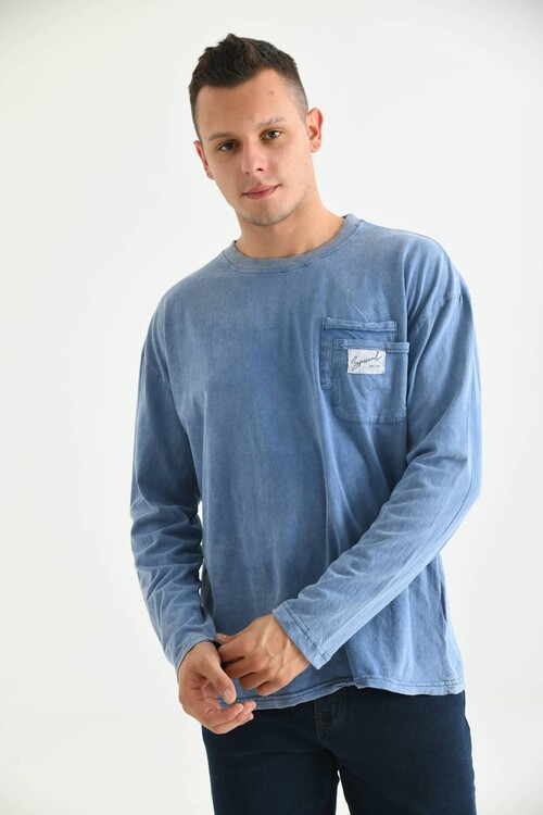 Men Indigo Special Print Acid Washed Pocket Detail Long Sleeve T-Shirt