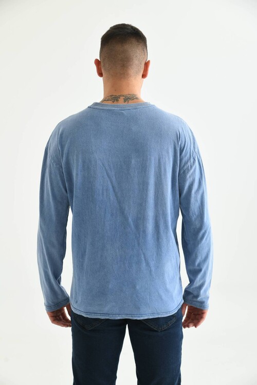 Men Indigo Special Print Acid Washed Pocket Detail Long Sleeve T-Shirt