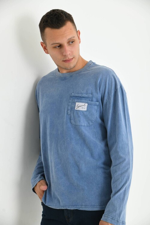 Men Indigo Special Print Acid Washed Pocket Detail Long Sleeve T-Shirt