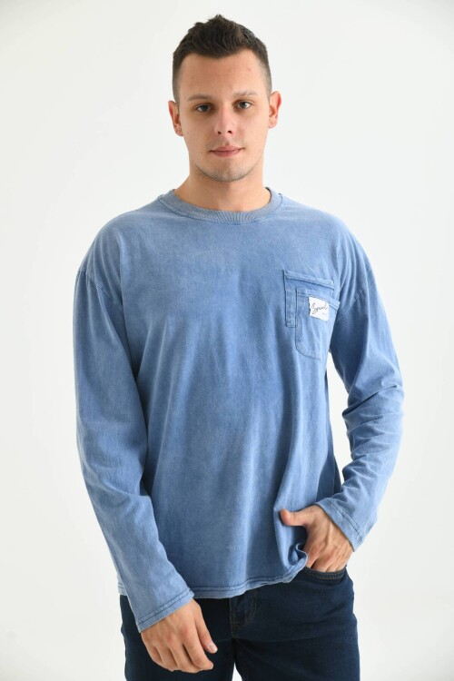 Men Indigo Special Print Acid Washed Pocket Detail Long Sleeve T-Shirt