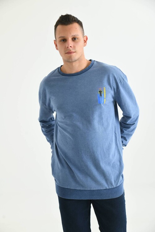 Men Blue Acid Wash Back Print Detailed Sweatshirt