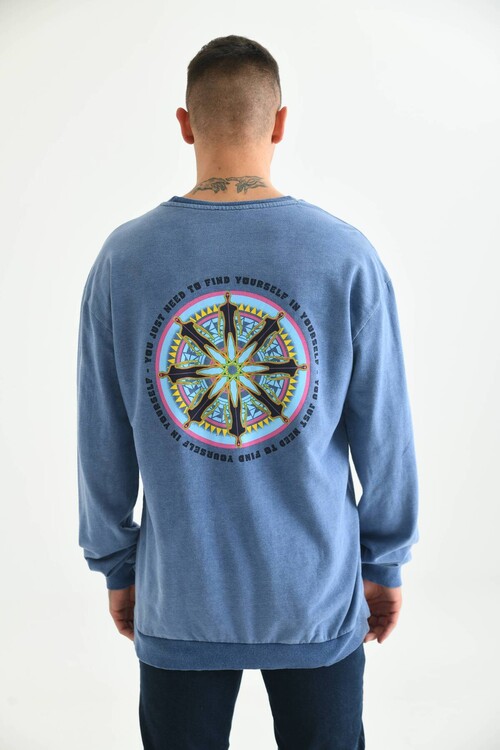 Men Blue Acid Wash Back Print Detailed Sweatshirt