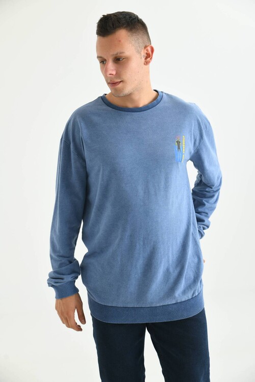 Men Blue Acid Wash Back Print Detailed Sweatshirt