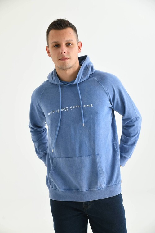 Men Blue Hooded Back Print Detailed Washed Sweatshirt