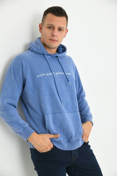 Men Blue Hooded Back Print Detailed Washed Sweatshirt