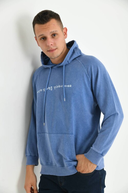 Men Blue Hooded Back Print Detailed Washed Sweatshirt
