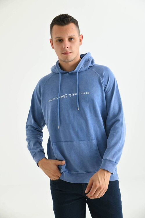 Men Blue Hooded Back Print Detailed Washed Sweatshirt