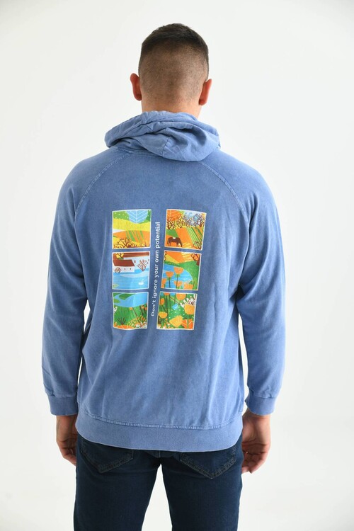 Men Blue Hooded Back Print Detailed Washed Sweatshirt