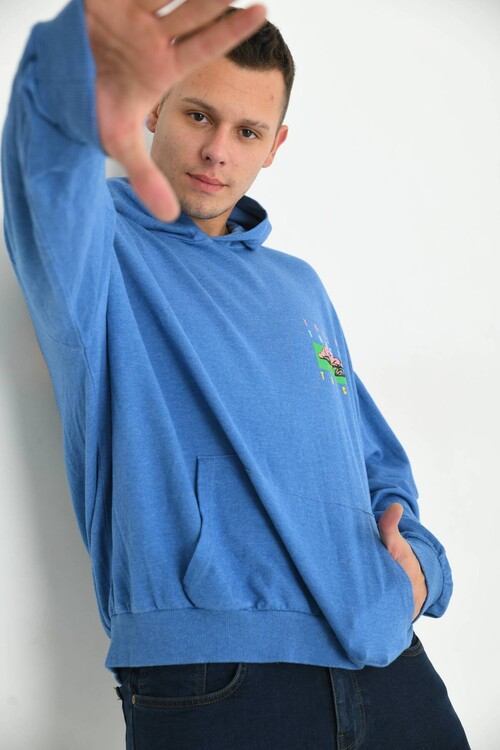 Men Blue Oversize Hooded Back Printed Washed Sweatshirt
