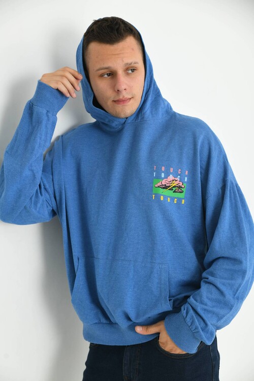Men Blue Oversize Hooded Back Printed Washed Sweatshirt
