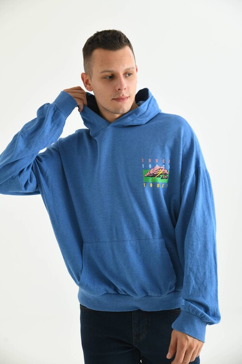 Men Blue Oversize Hooded Back Printed Washed Sweatshirt