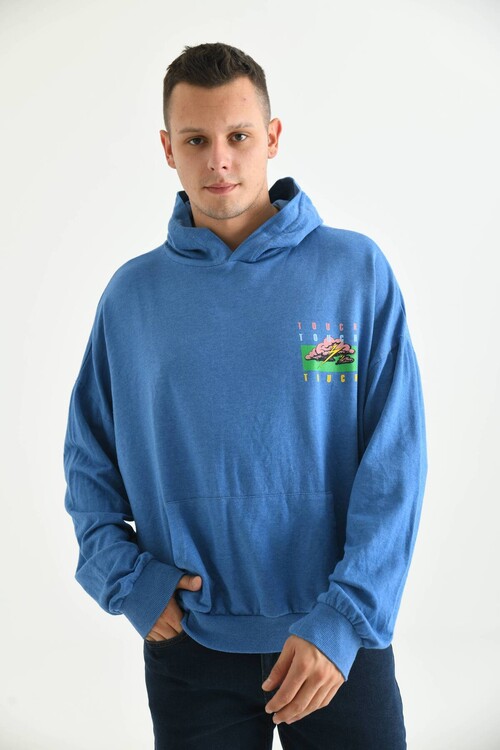 Men Blue Oversize Hooded Back Printed Washed Sweatshirt