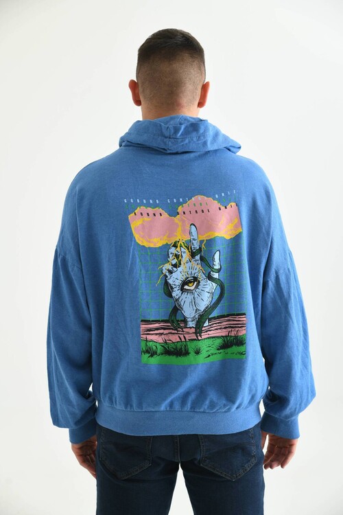 Men Blue Oversize Hooded Back Printed Washed Sweatshirt