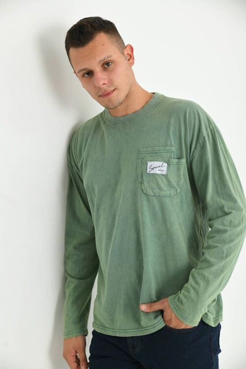 Men Green Special Print Acid Washed Pocket Detail Long Sleeve T-Shirt