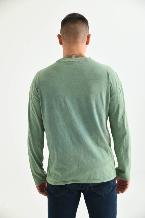 Men Green Special Print Acid Washed Pocket Detail Long Sleeve T-Shirt