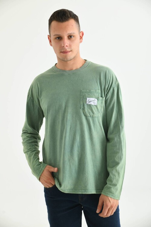 Men Green Special Print Acid Washed Pocket Detail Long Sleeve T-Shirt