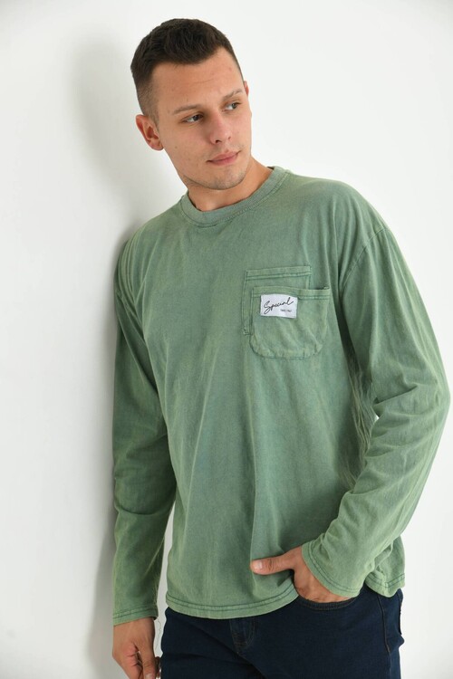 Men Green Special Print Acid Washed Pocket Detail Long Sleeve T-Shirt