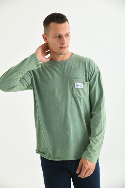 Men Green Special Print Acid Washed Pocket Detail Long Sleeve T-Shirt