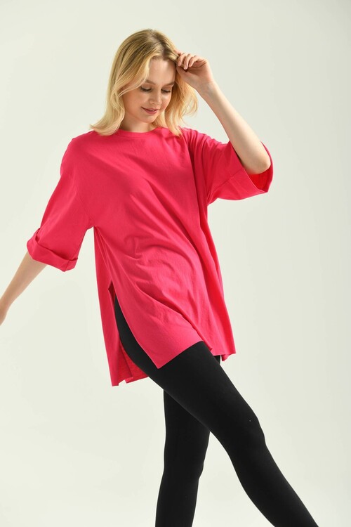 Fuchsia Double Sleeve Wide Cut Asymmetrical Slit Knitted T-Shirt