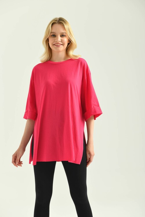 Fuchsia Double Sleeve Wide Cut Asymmetrical Slit Knitted T-Shirt