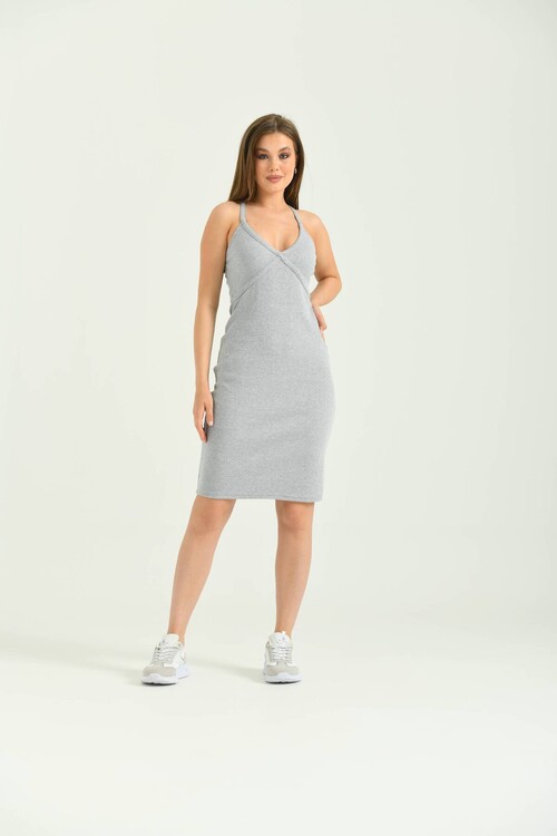 Gray Strap Back Detailed Knitted Mini Dress