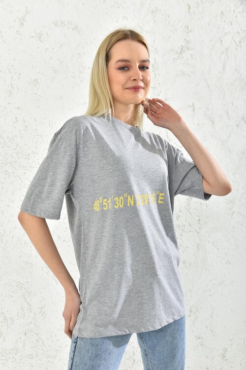 Gray Print Detail Short Sleeve T-Shirt