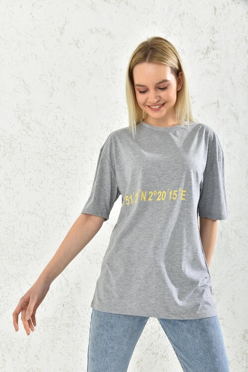 Gray Print Detail Short Sleeve T-Shirt