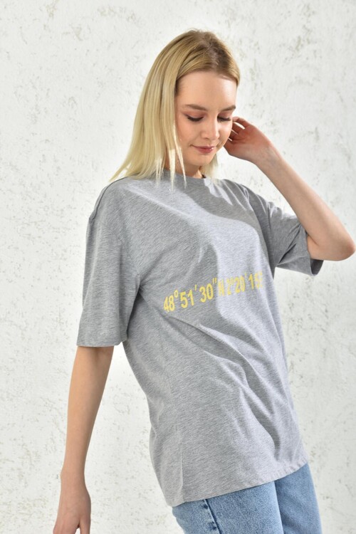 Gray Print Detail Short Sleeve T-Shirt