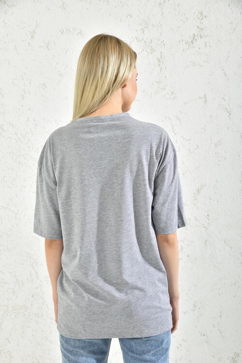 Gray Print Detail Short Sleeve T-Shirt