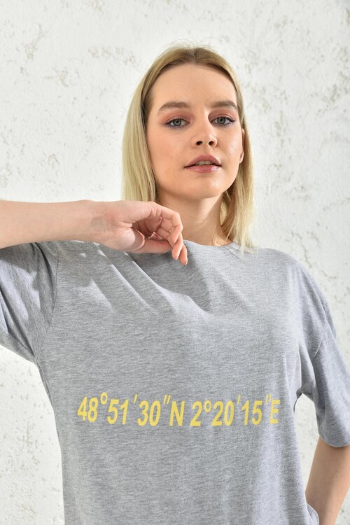 Gray Print Detail Short Sleeve T-Shirt