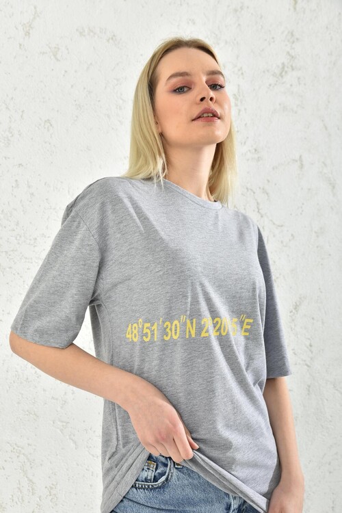 Gray Print Detail Short Sleeve T-Shirt