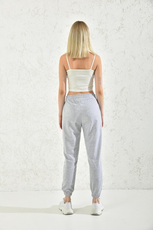 Gray Waist Leg Elastic Print Detailed Sweatpants