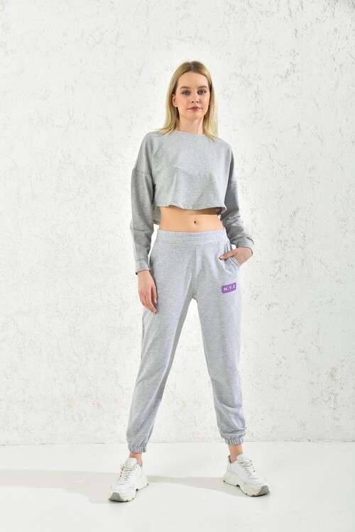Gray Waist Leg Elastic Print Detailed Sweatpants