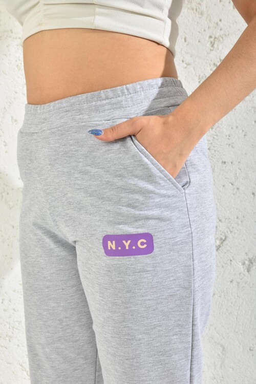 Gray Waist Leg Elastic Print Detailed Sweatpants