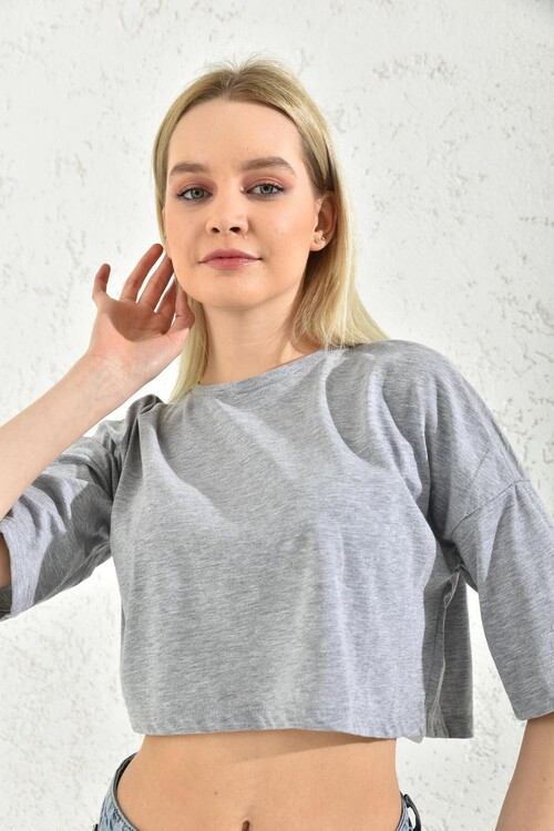 Gray Crew Neck Crop Blouse