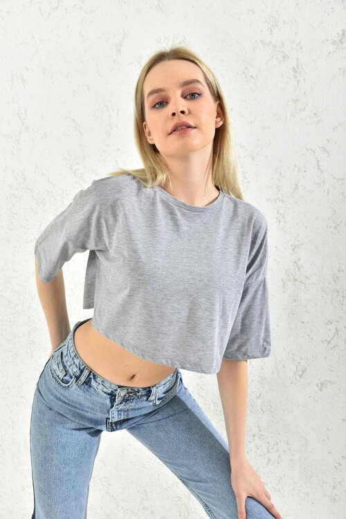 Gray Crew Neck Crop Blouse