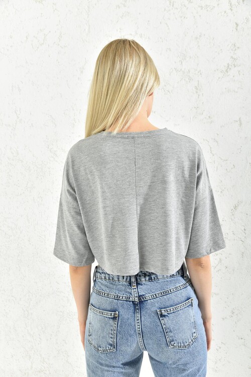 Gray Crew Neck Crop Blouse