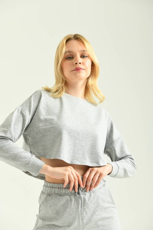Gray Crew Neck Long Sleeve Crop Blouse