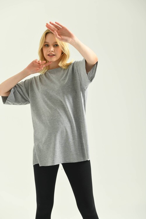 Gray Double Sleeve Wide Cut Asymmetrical Slit Knitted T-Shirt