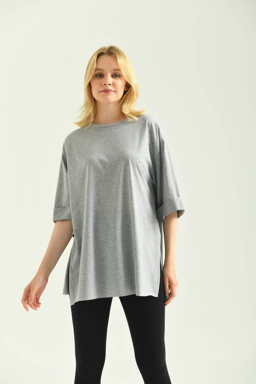 Gray Double Sleeve Wide Cut Asymmetrical Slit Knitted T-Shirt