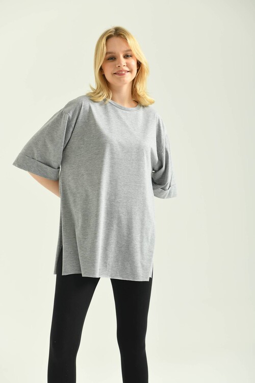 Gray Double Sleeve Wide Cut Asymmetrical Slit Knitted T-Shirt